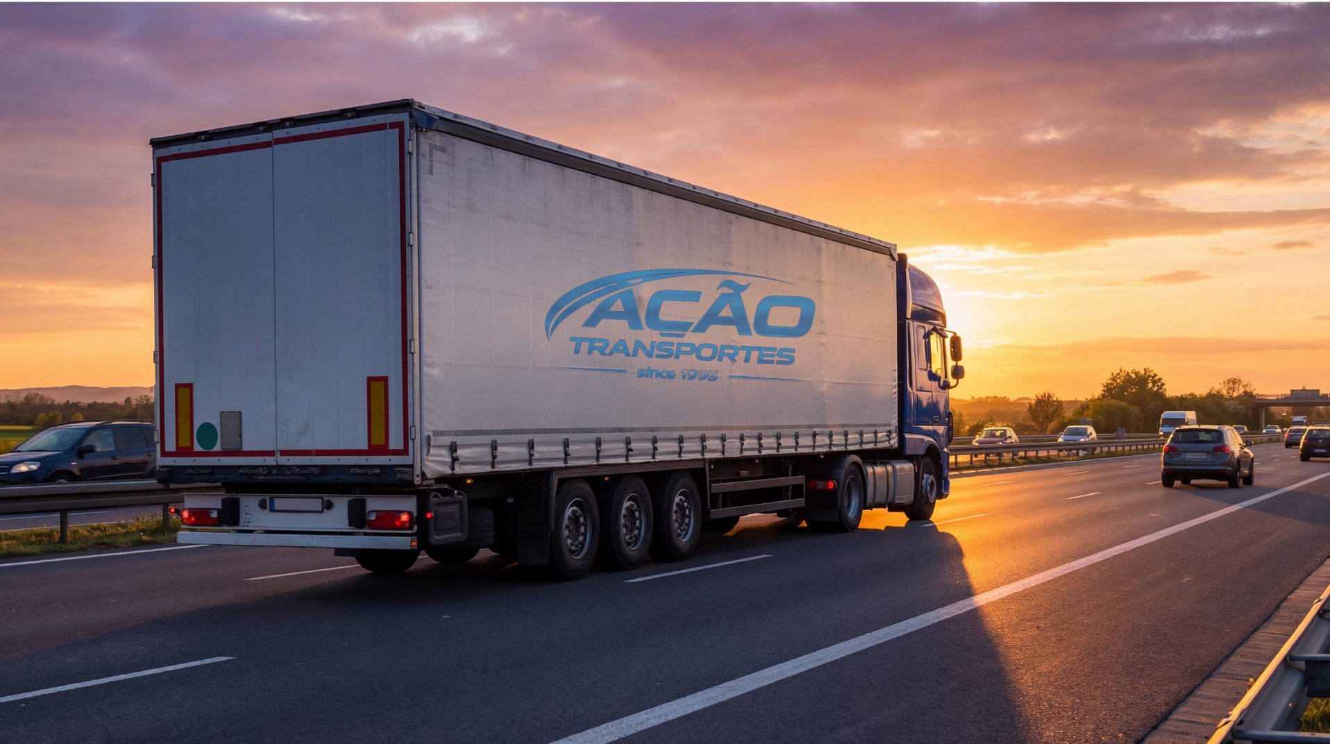 Caminhão da Ação Transportes na estrada ao entardecer